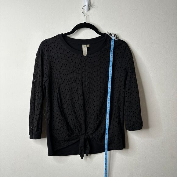Allison Joy Black Eyelet Lace Front Tie 3/4 Sleeve Round Neck Blouse XS - Picture 8 of 10